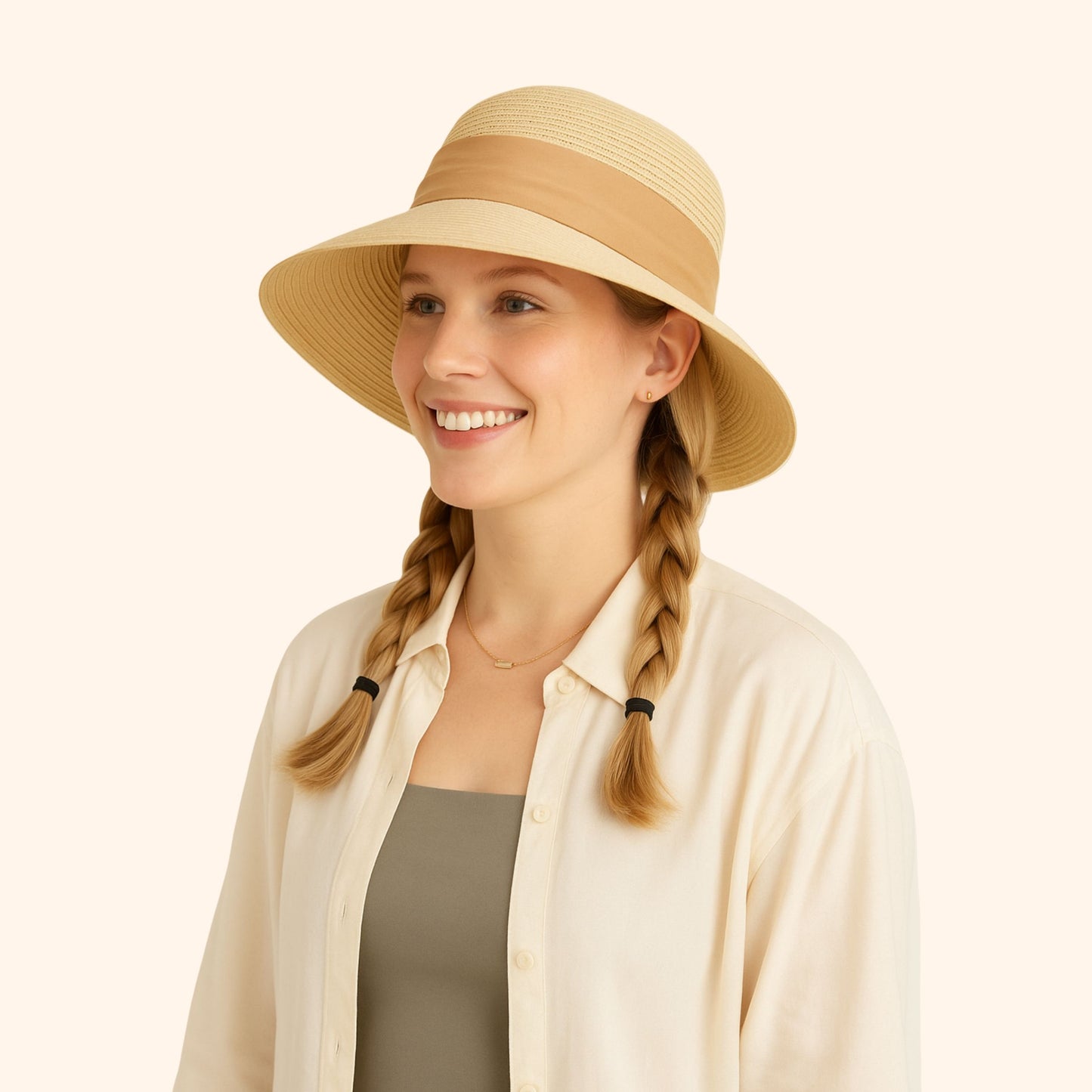 Women's Woven Floppy Sun Hat with Wide Ribbon Knot Detail and Curved Brim