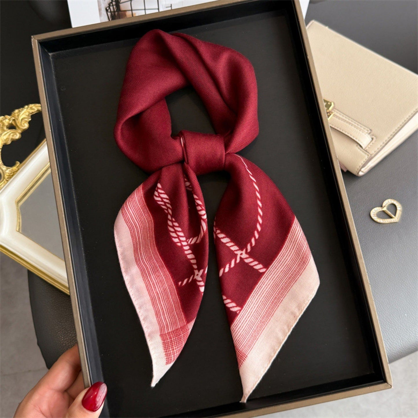 Satin Square Scarf with Rope Chain Border Print 27x27in
