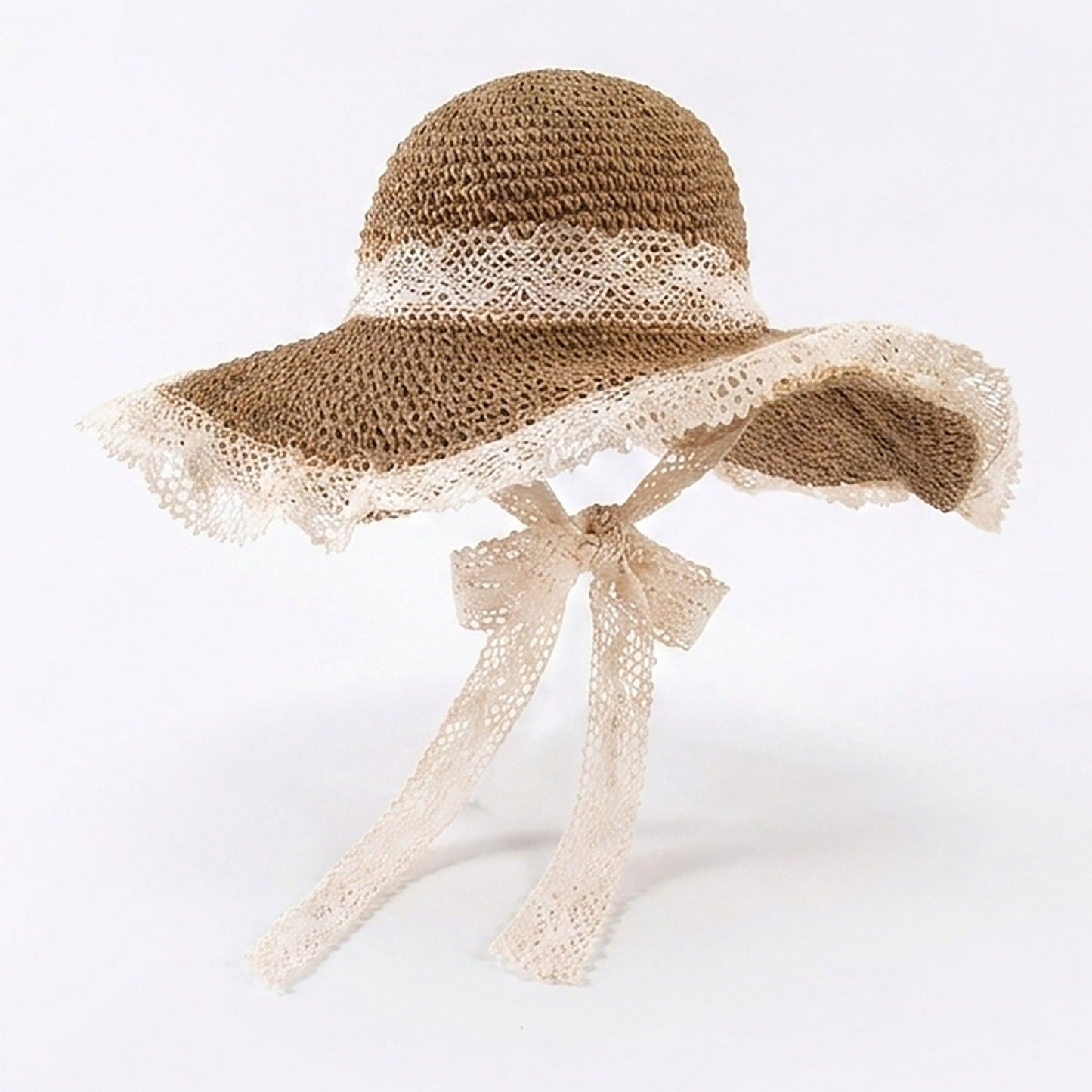 Crochet Wide Brim Sun Hat with Lace Trim Bow Accent and Wavy Brim