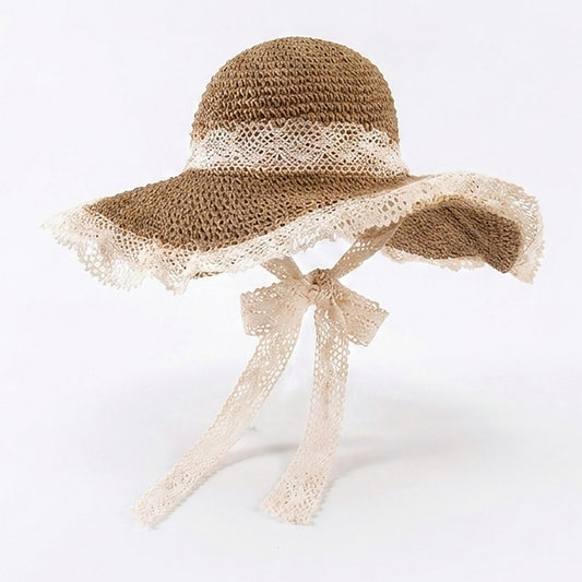 Crochet Wide Brim Sun Hat with Lace Trim Bow Accent and Wavy Brim