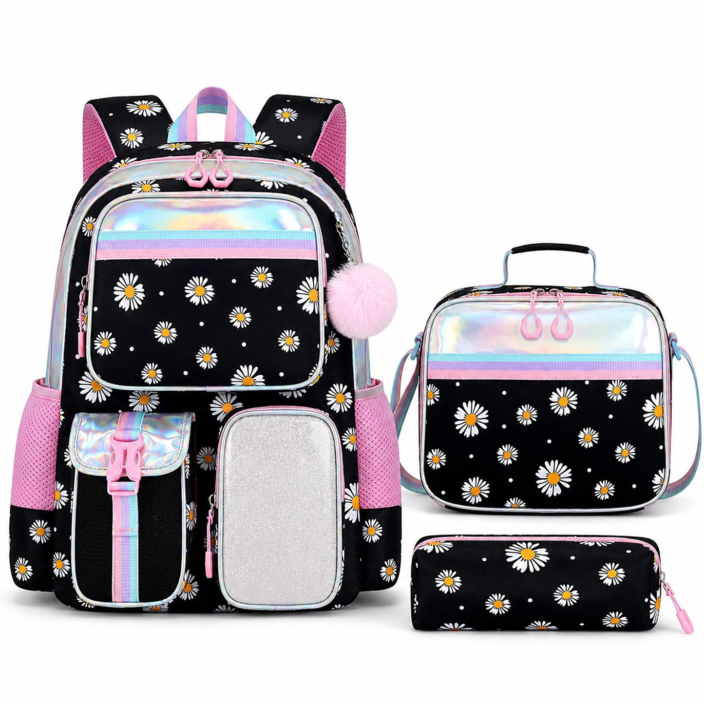 3pc Daisy Print School Backpack Lunch Bag Pencil Case Set