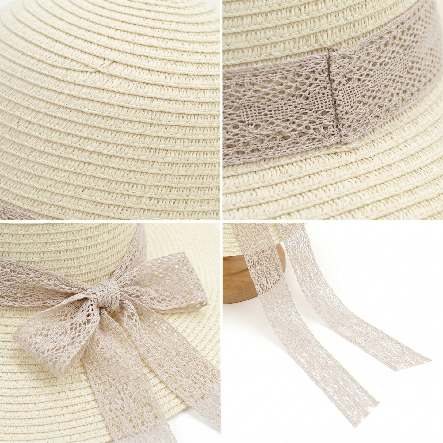 Women's Wide Brim Straw Sun Hat Lace Ribbon Tie Lightweight Summer Beach Hat
