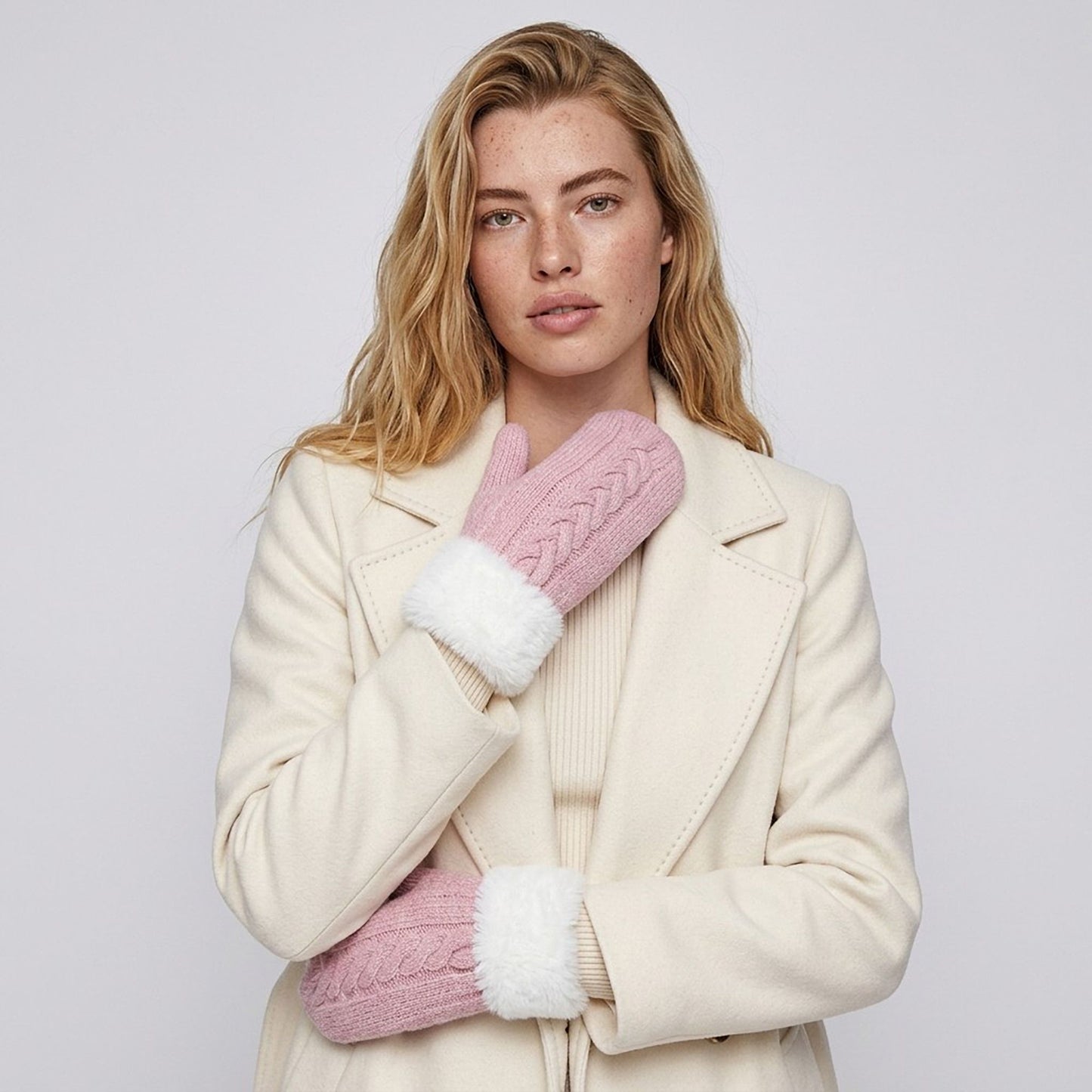 Cable Knit Winter Mittens with Soft Fuzzy Cuffs