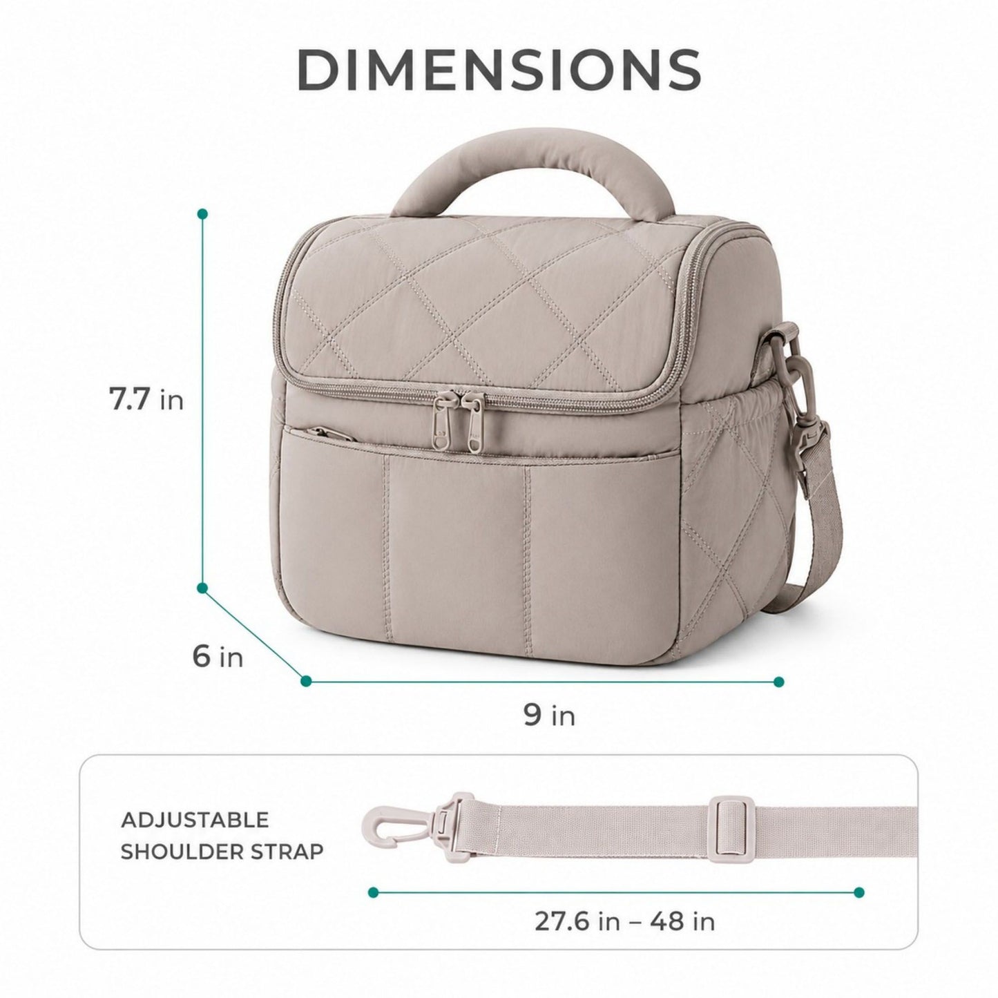Quilted Insulated Lunch Bag with Adjustable Strap Padded Handle and PEVA Lining