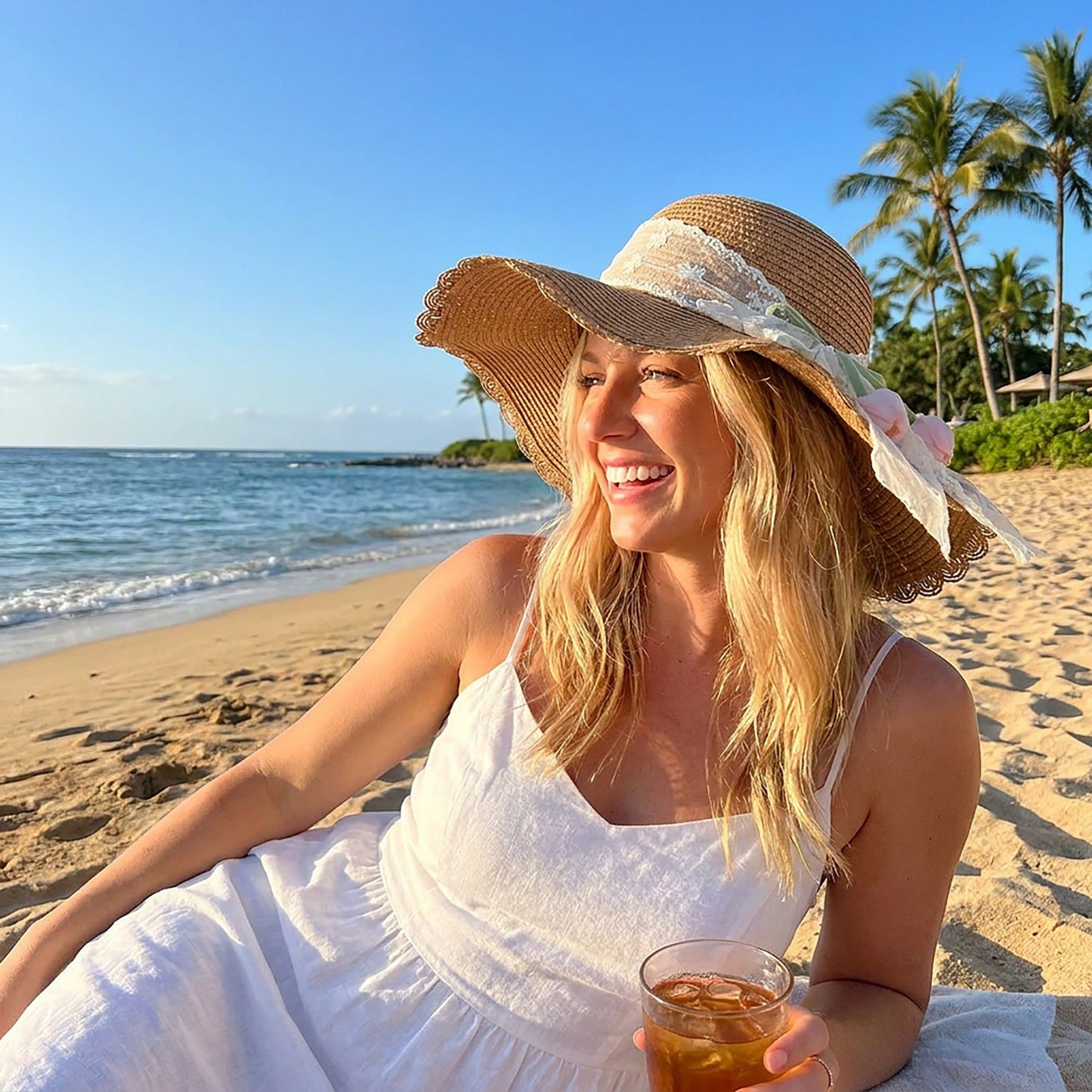 Wide Brim Straw Sun Hat with Scalloped Edge Lace Bow and Floral Accent