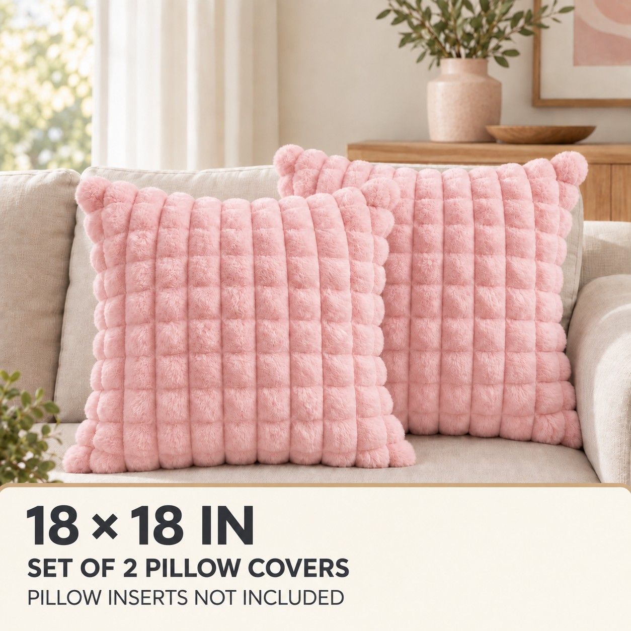 2 Pack Plush Faux Fur Bubble Grid Throw Pillow Covers 18 x 18 Inch for Couch and Bed