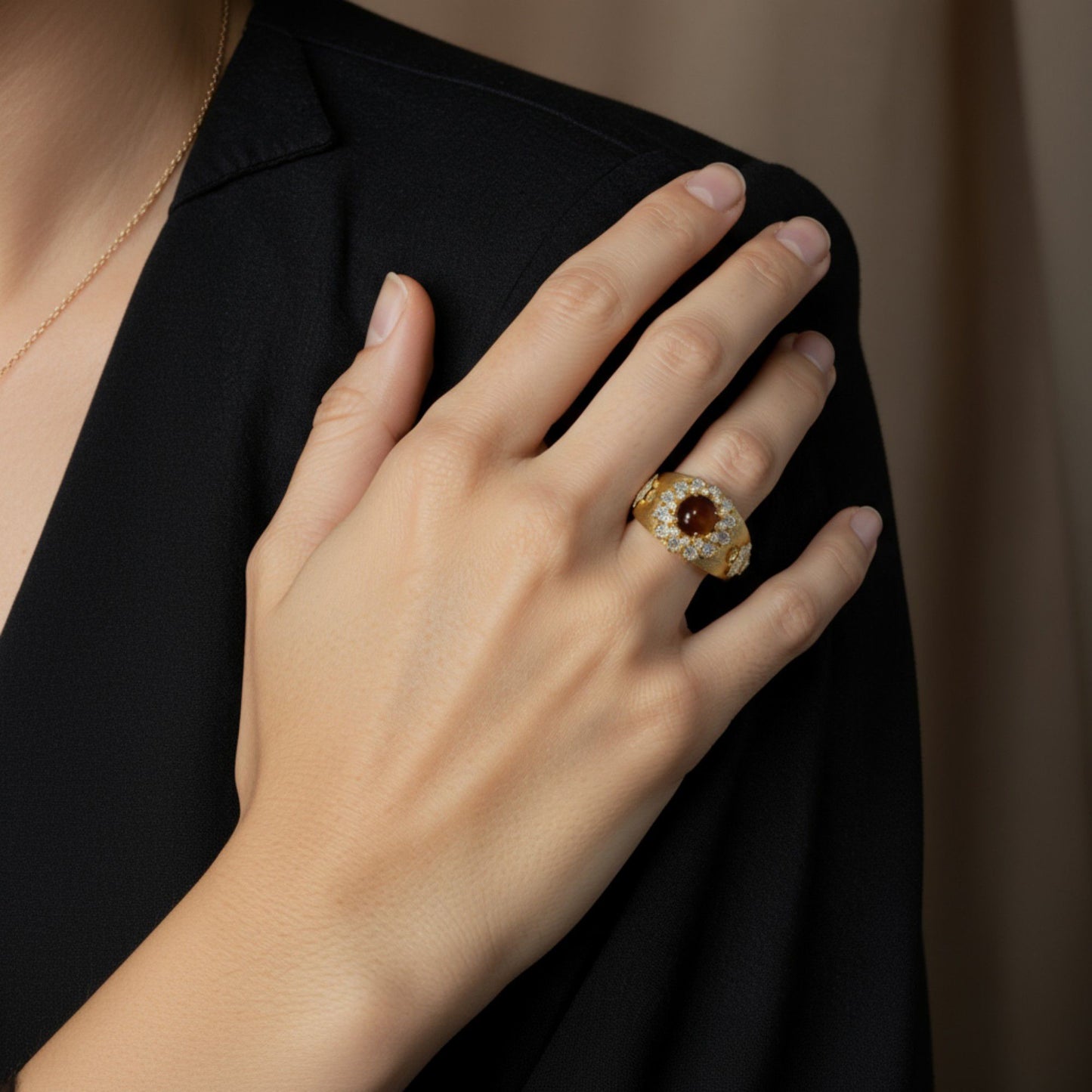Oval Gemstone Statement Ring with Crystal Halo and Textured Band