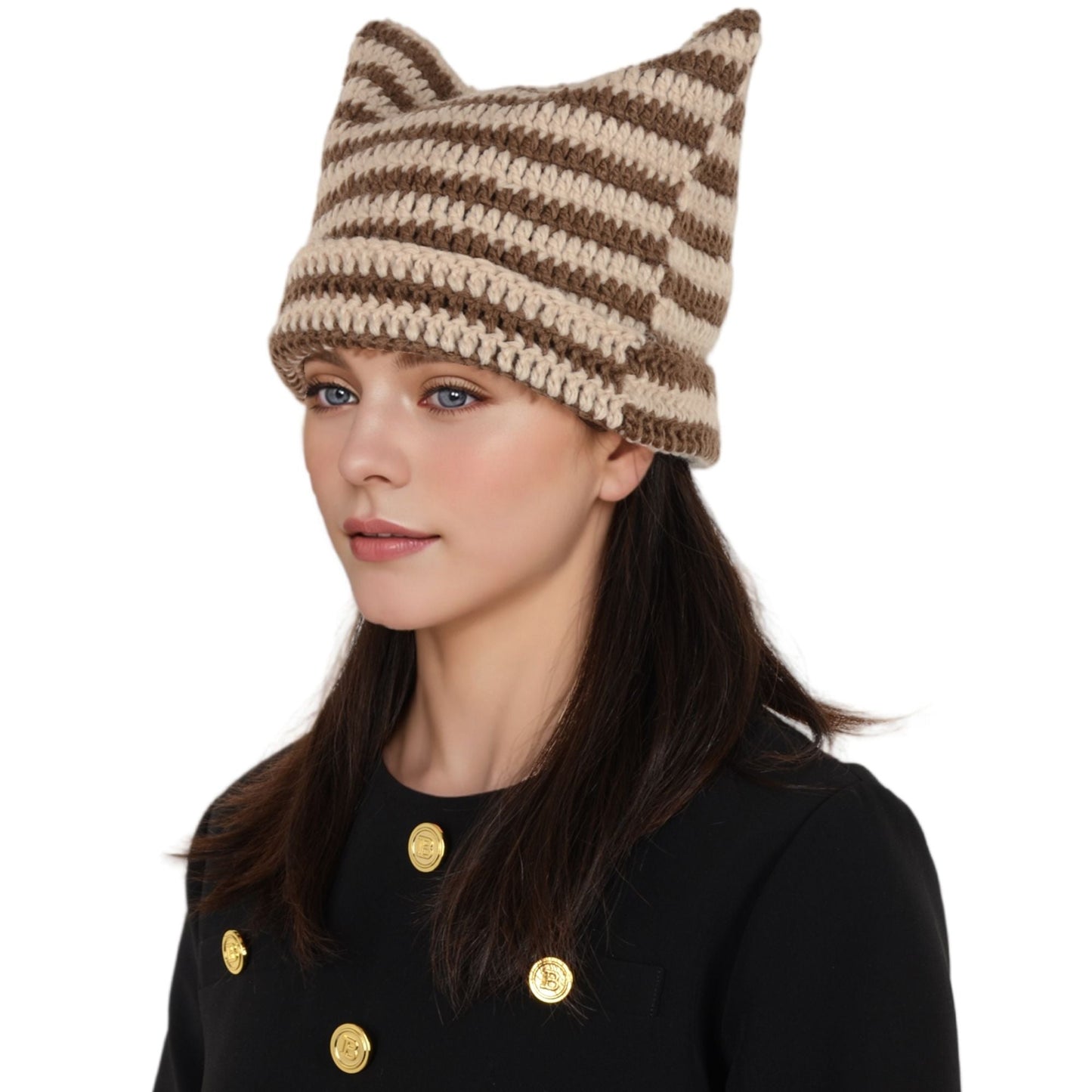 Vintage Crochet Hats Cute Cat Ear Striped Slouchy Beanies Cap for Women and Grey