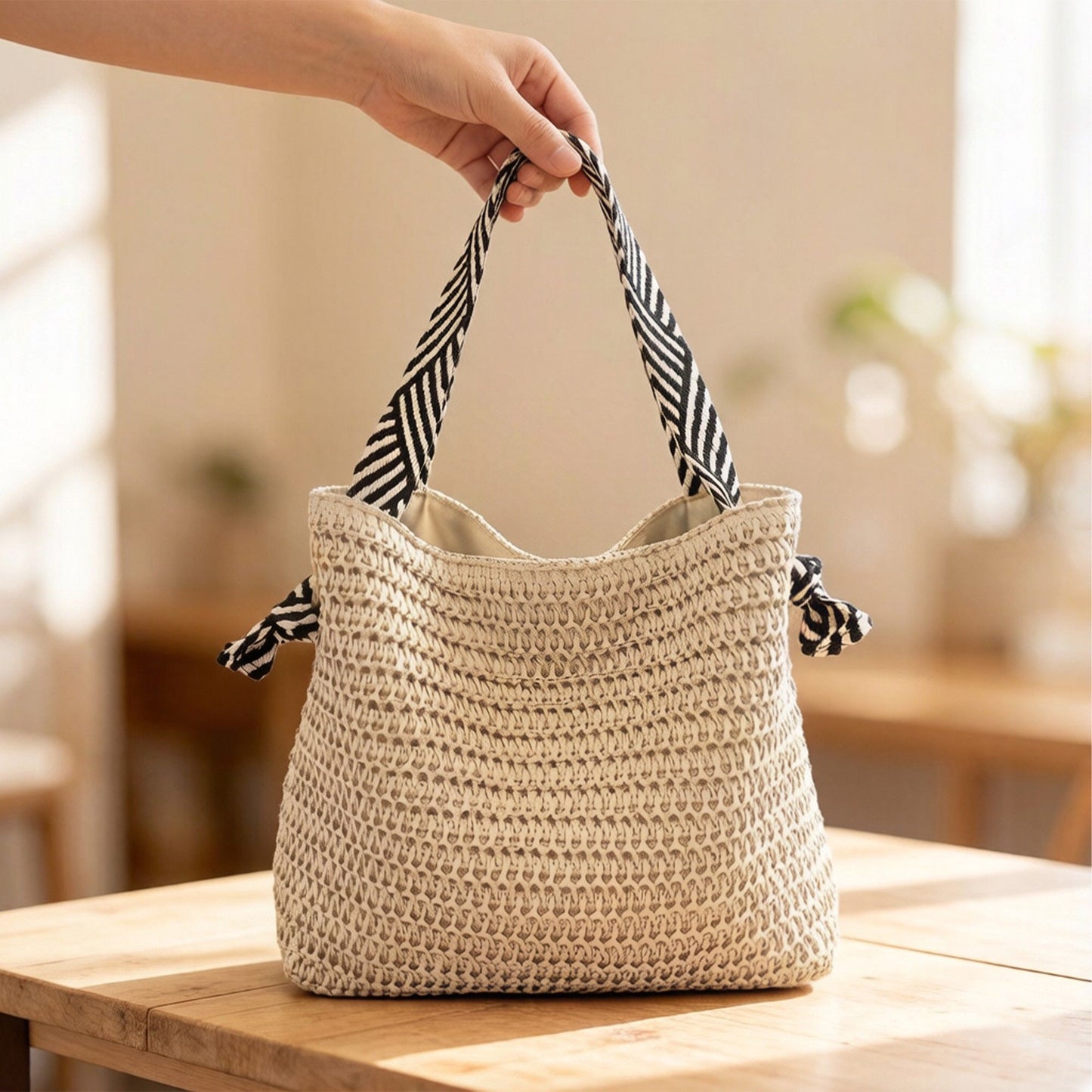Woven Crochet Tote Bag with Drawstring Detail and Pattern Strap Shoulder Handbag Lightweight Knit Bag