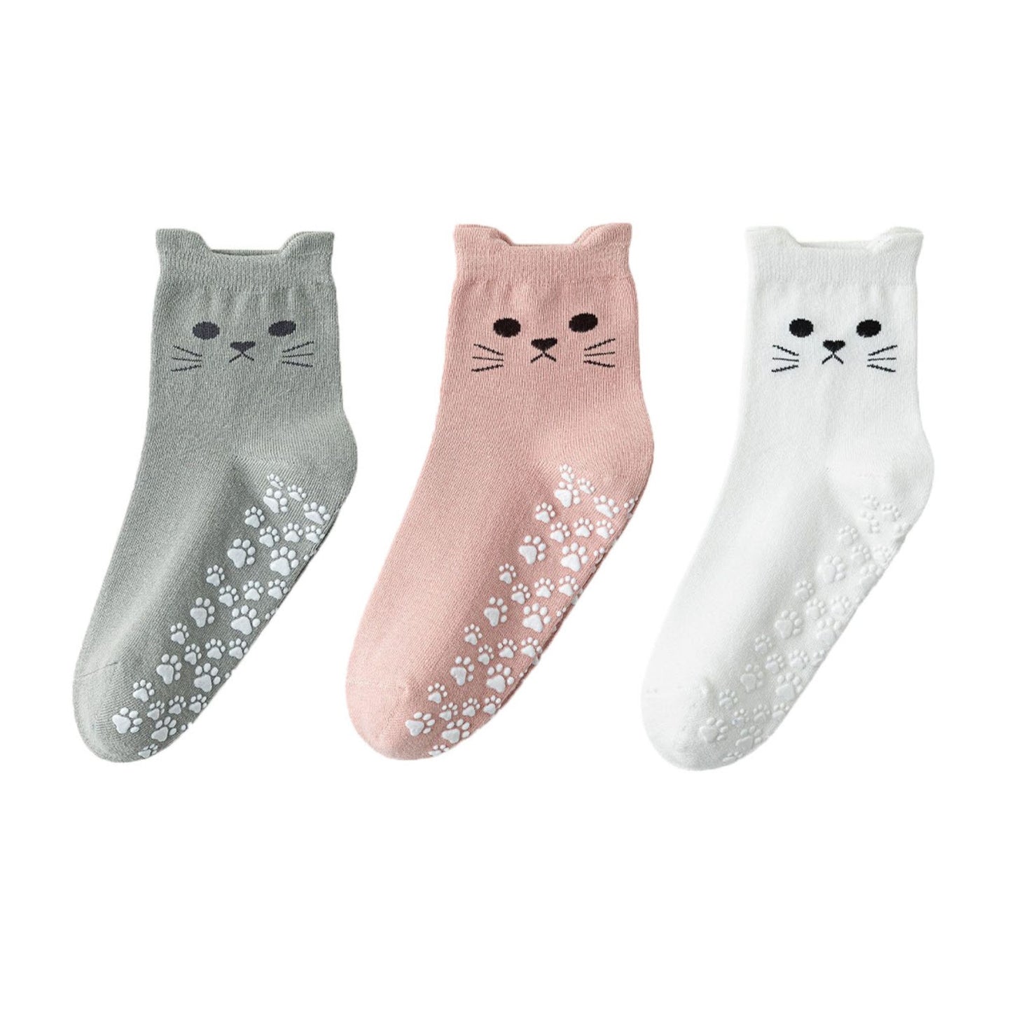 Cat Face Grip Socks with Paw Print Anti-Slip Sole Soft Knit Ankle Socks for Home or Yoga 3-Pack