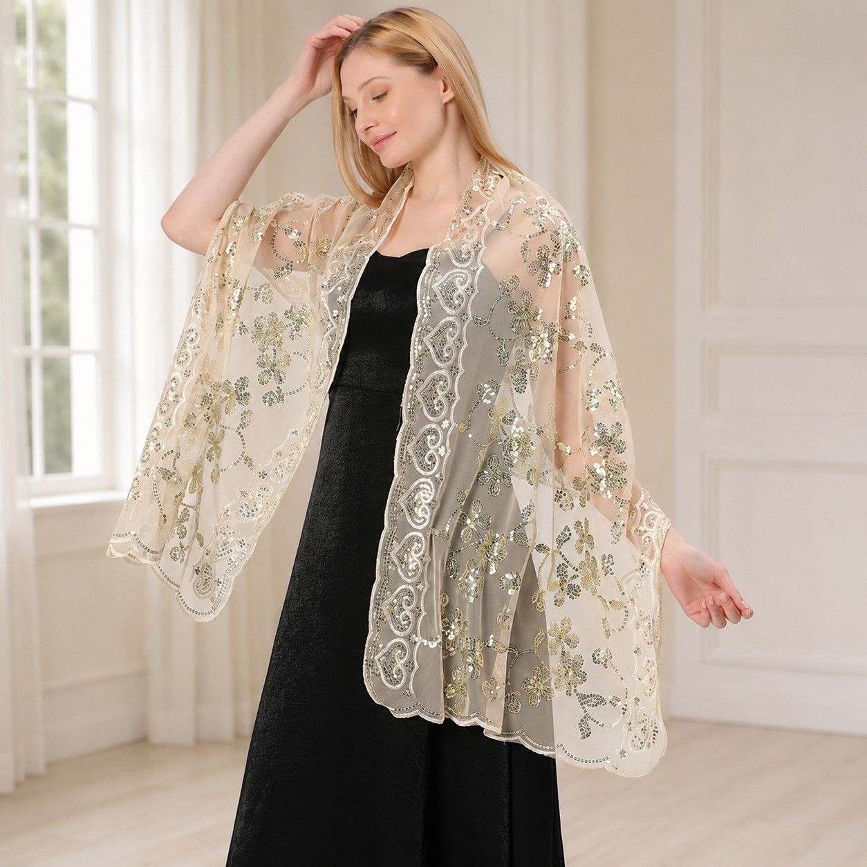 Embroidered Sequin Mesh Shawl Wrap Sheer Floral Scarf Scalloped Edge
