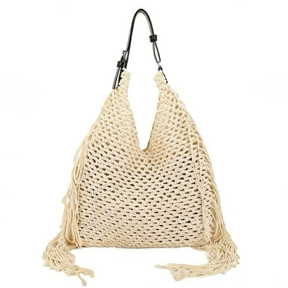 Woven Crochet Shoulder Bag with Fringe Detail Slouchy Hobo Style Lightweight Handbag