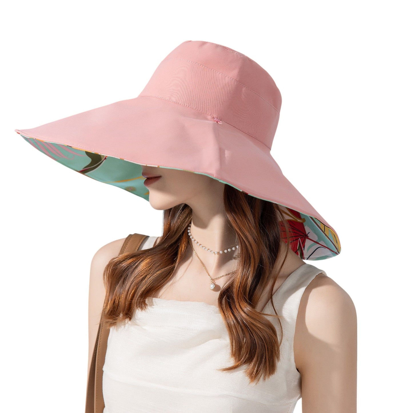 Wide Brim Floppy Sun Hat with Colorful Printed Underside UV Protection Lightweight Foldable Design for Outdoor Use