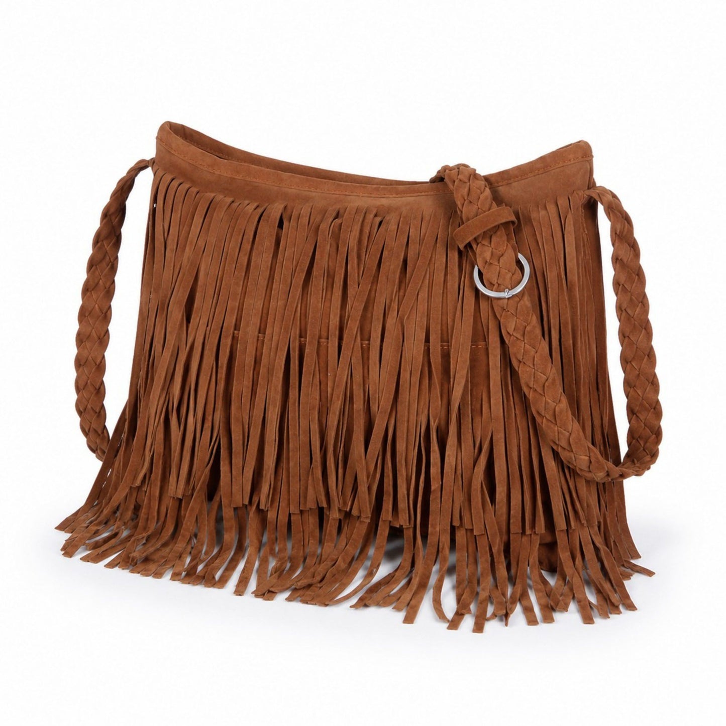 Fringe Crossbody Bag Black Suede Look Boho Shoulder Purse with Braided Strap