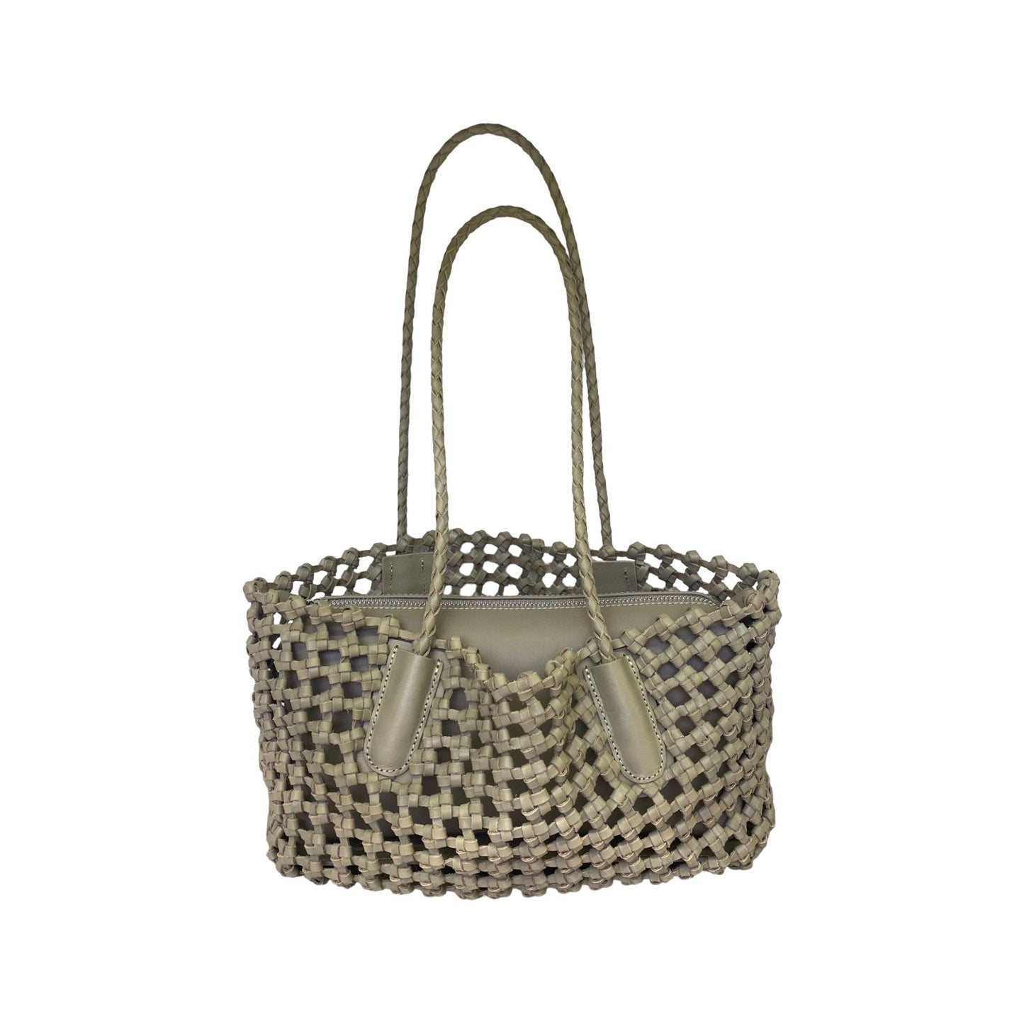 Open Weave Leather Tote Bag with Braided Shoulder Straps and Interior Zip Compartment