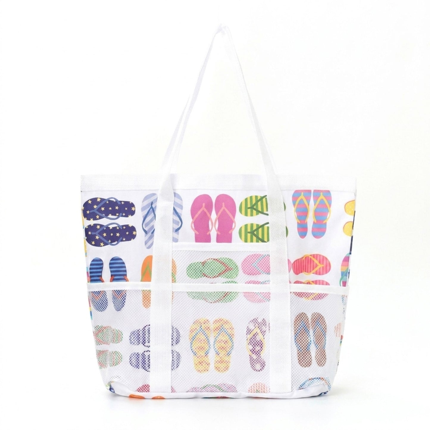 Printed Beach Tote Bag with Mesh Pockets and Shoulder Handles