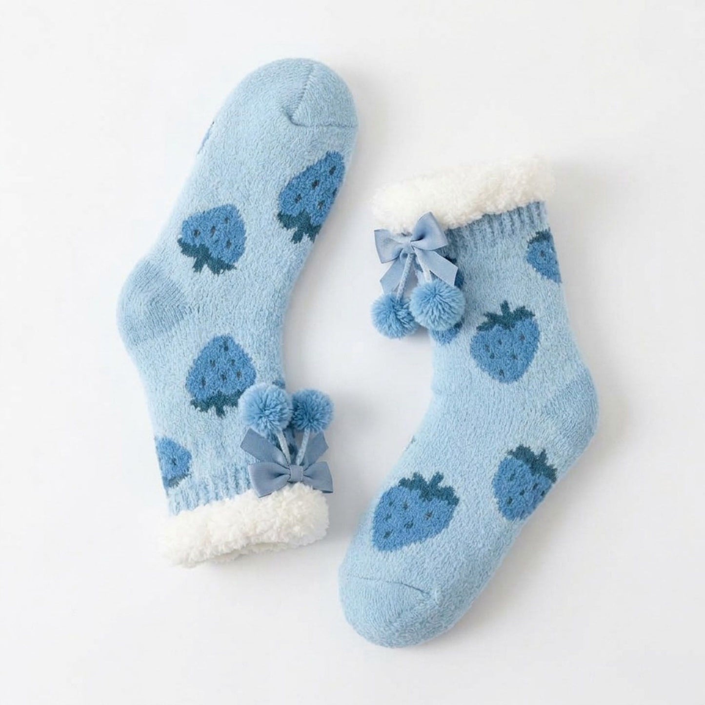 Fuzzy Strawberry Bow Crew Socks  US 5-10.5
