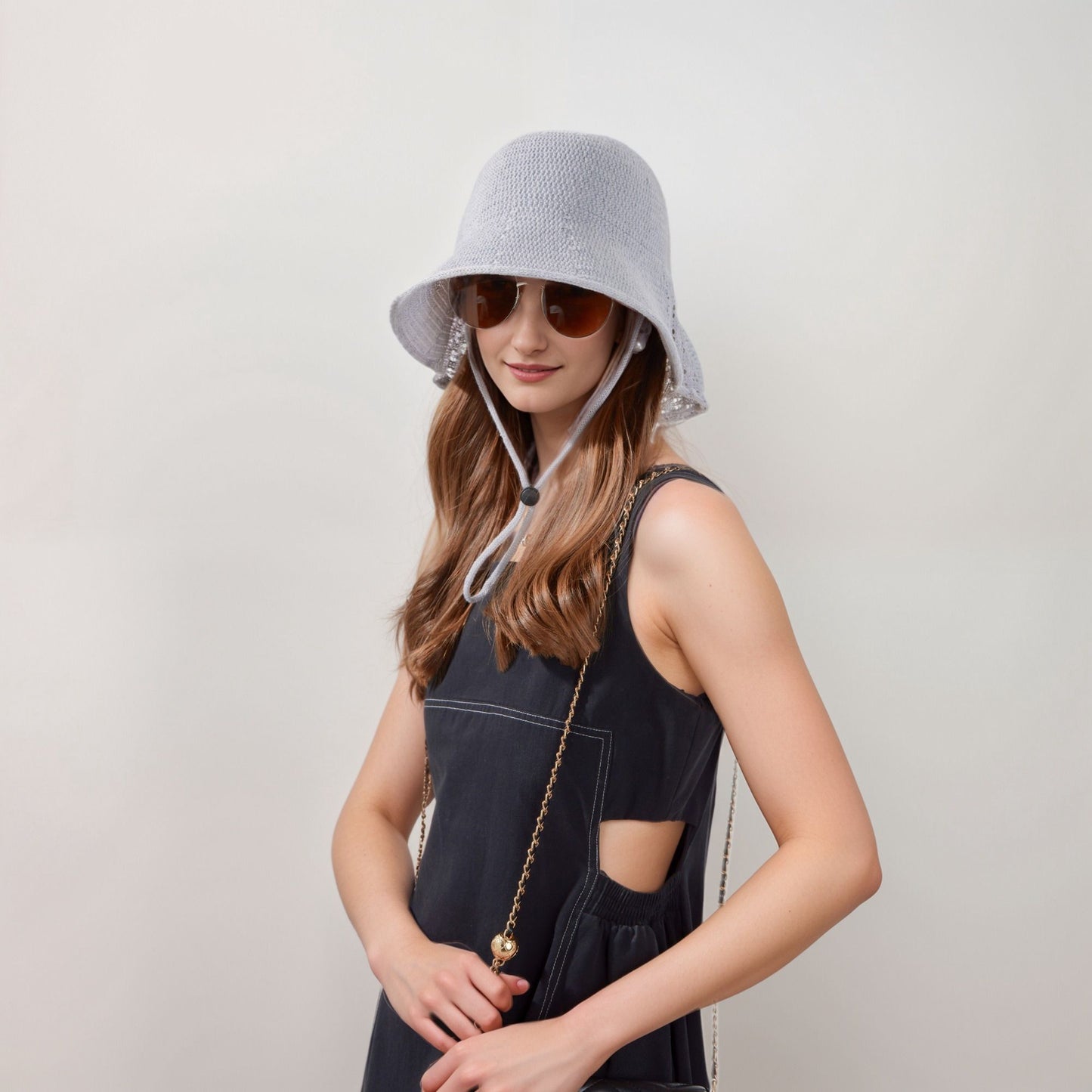 Crochet Bucket Hat with Adjustable Chin Strap and Back Button Eyelet Panel for Sun Protection