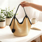 Woven Shoulder Bag with Faux Leather Trim Slouchy Hobo Handbag Lightweight Large Capacity Tote