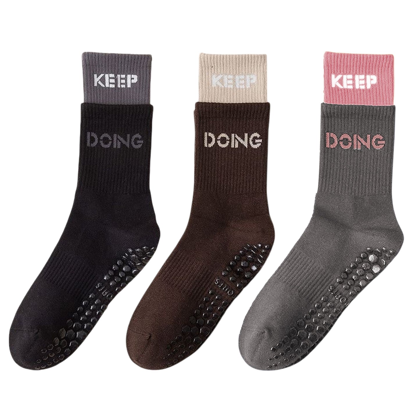 3-Pair Set Mid-Calf Grip Socks with Cushioned Soles and Motivational Text for Yoga Pilates Fitness