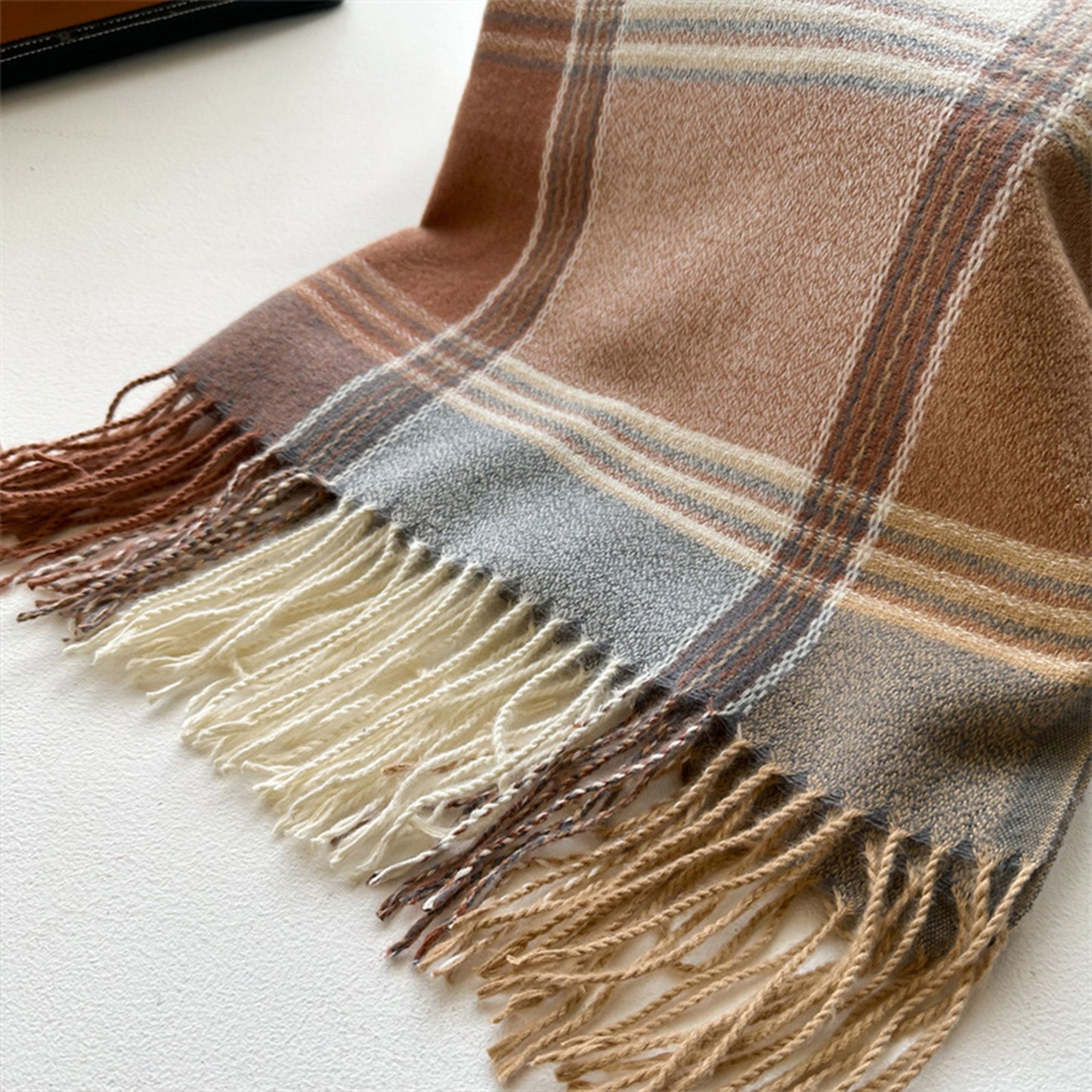 Plaid Tassel Trim Faux Cashmere-Like Winter Warm Scarf - 77IN¡Á26IN