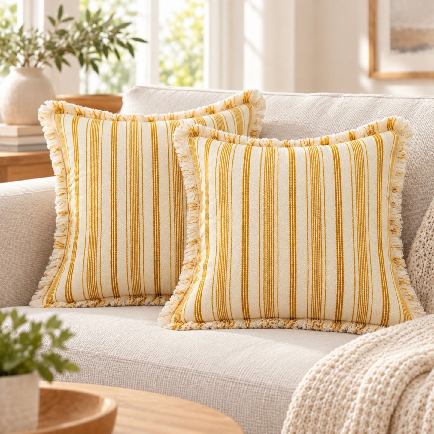 Striped Fringe Decorative Throw Pillow Cover Set of 2