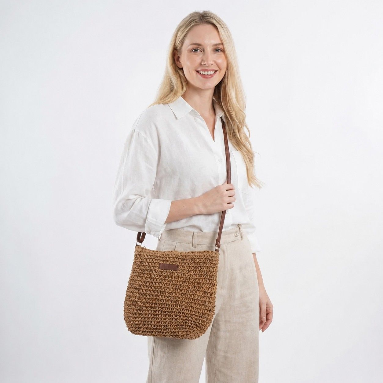 Textured Woven Crossbody Bag with Zip Closure Adjustable Strap and Inner Zip Pocket