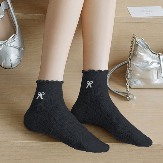 Summer Ribbed Ankle Socks with Bow Embroidery 5Pk
