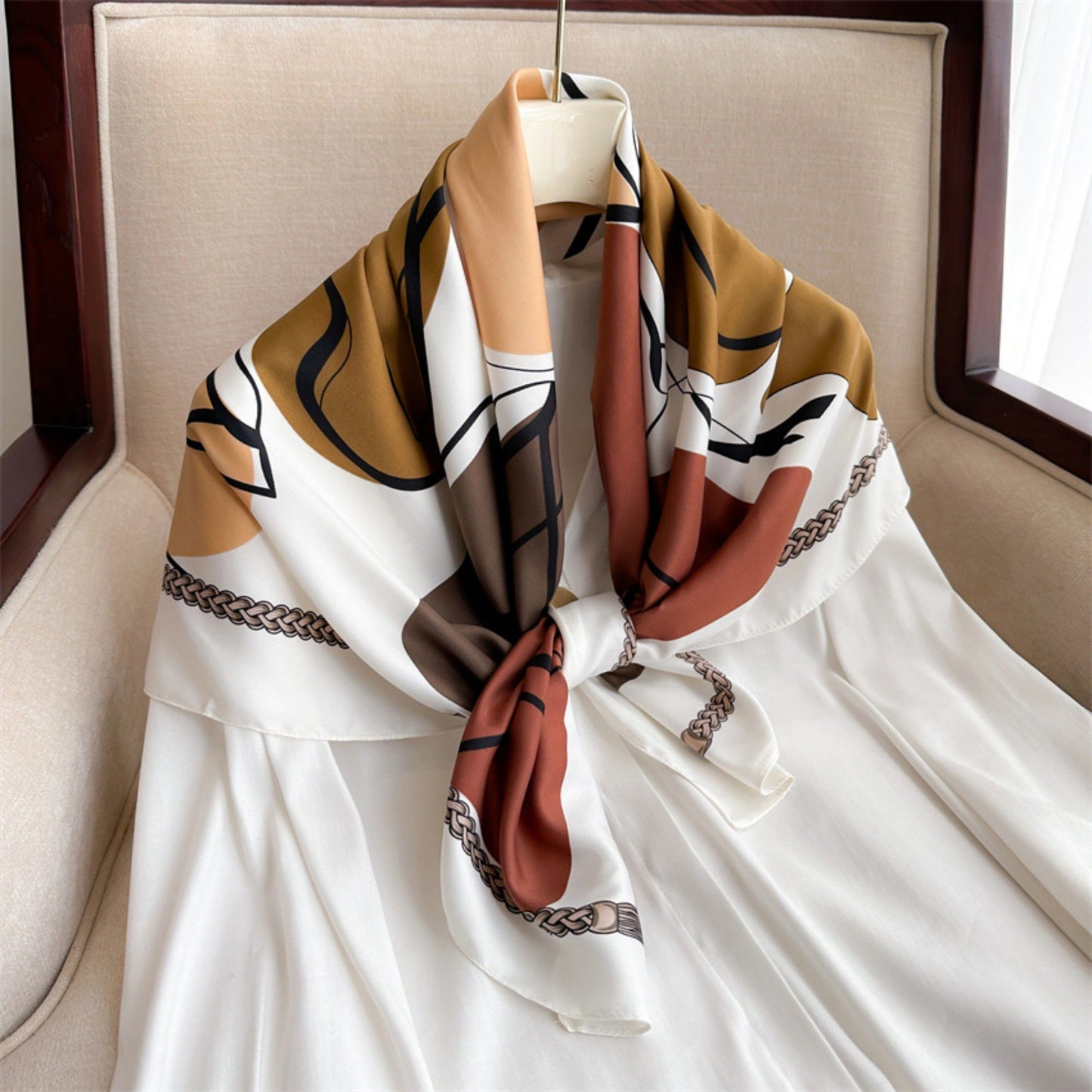 Abstract Art Satin Square Scarf with Braided Border Trim 35.5x35.5in