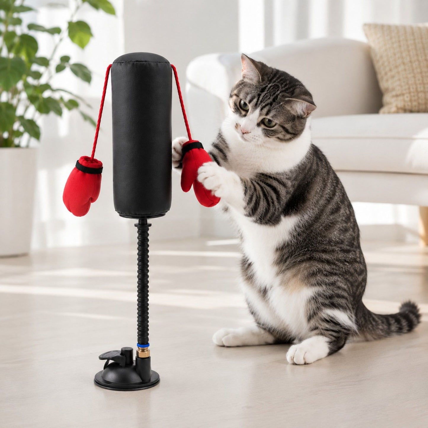 Interactive Cat Boxing Toy with Suction Cup Base, Spring Rebound Punching Bag and Hanging Gloves