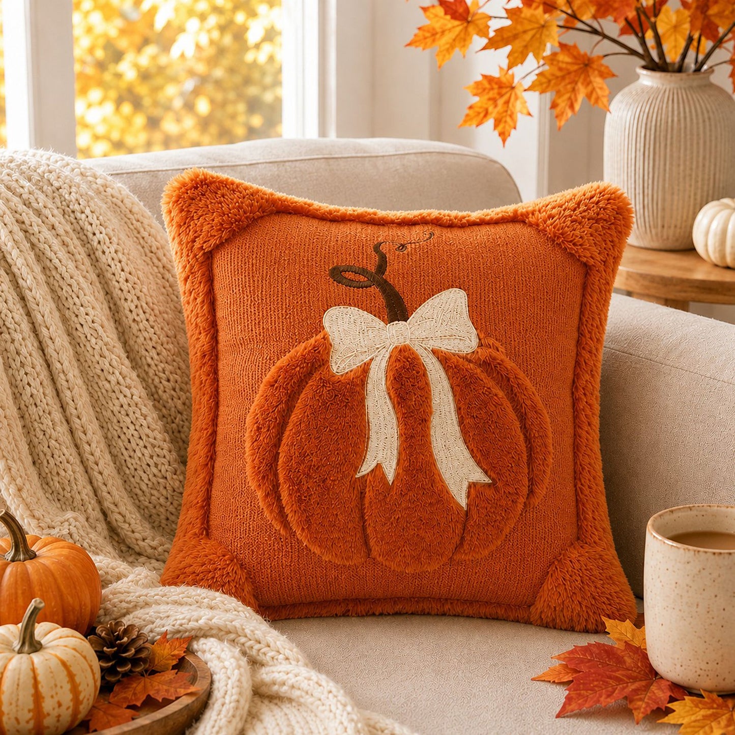 Textured Pumpkin Bow Decorative Throw Pillow Cover for Sofa Bed Chair Fall Decor