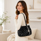 Polka Dot Ruched Shoulder Bag with Bow Detail and Metal Charm