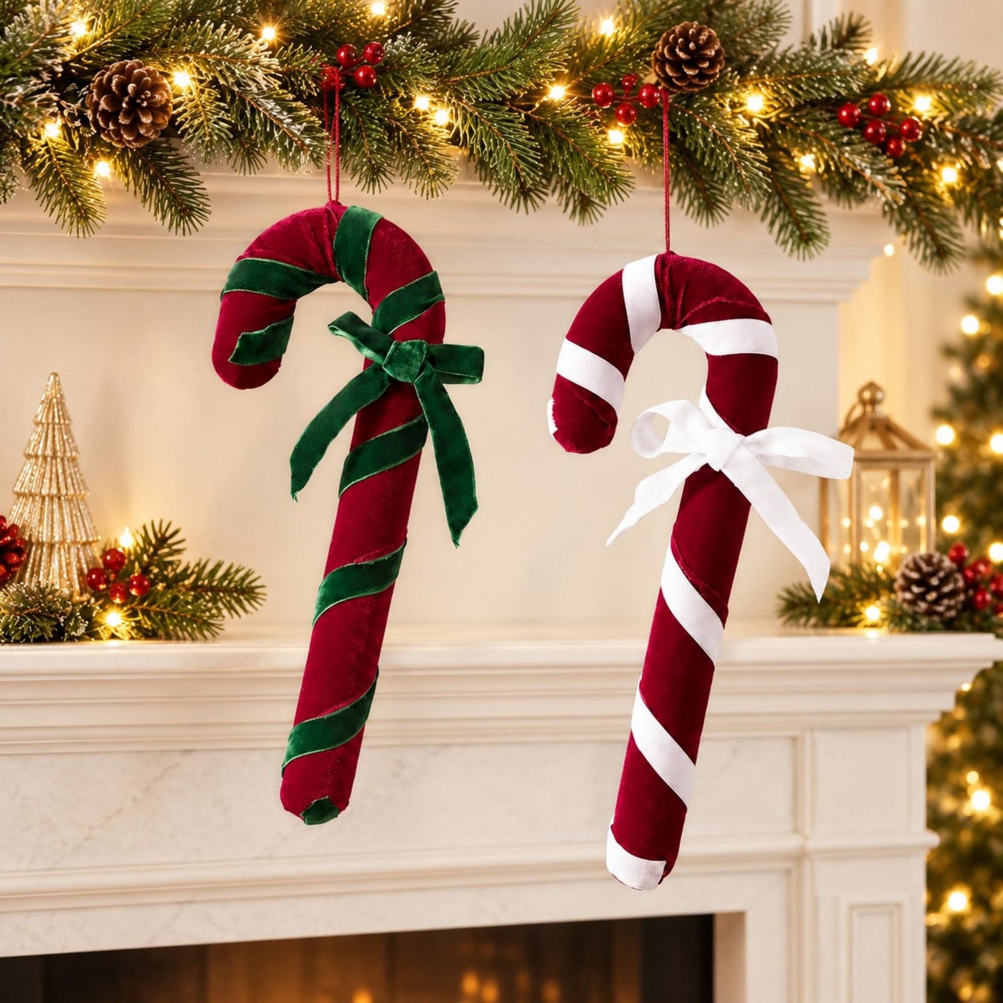 2ct Christmas Candy Cane Hanging Decorations with Bows Red Green and White