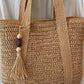 Woven Straw Tote Bag Large Capacity Zip Top Shoulder Carryall with Tassel Accent