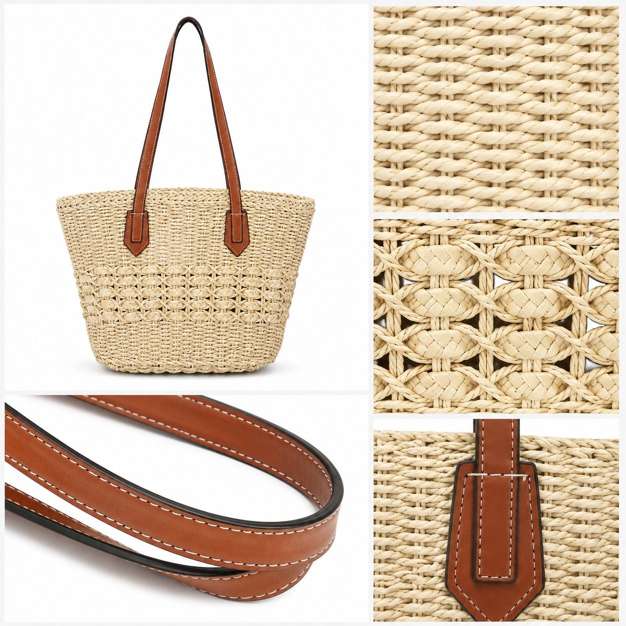Woven Straw Tote Bag with Zip Closure Small Interior Pocket and Leather Handles