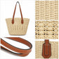 Woven Straw Tote Bag with Zip Closure Small Interior Pocket and Leather Handles