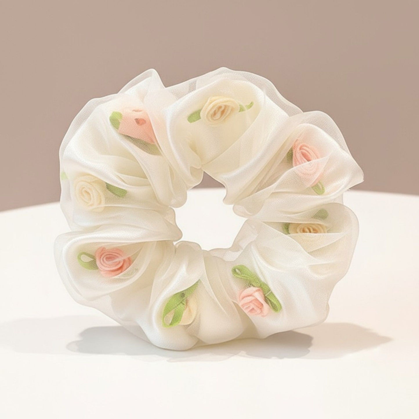 Sheer Organza Scrunchie with Embroidered Mini Roses and Soft Layered Design
