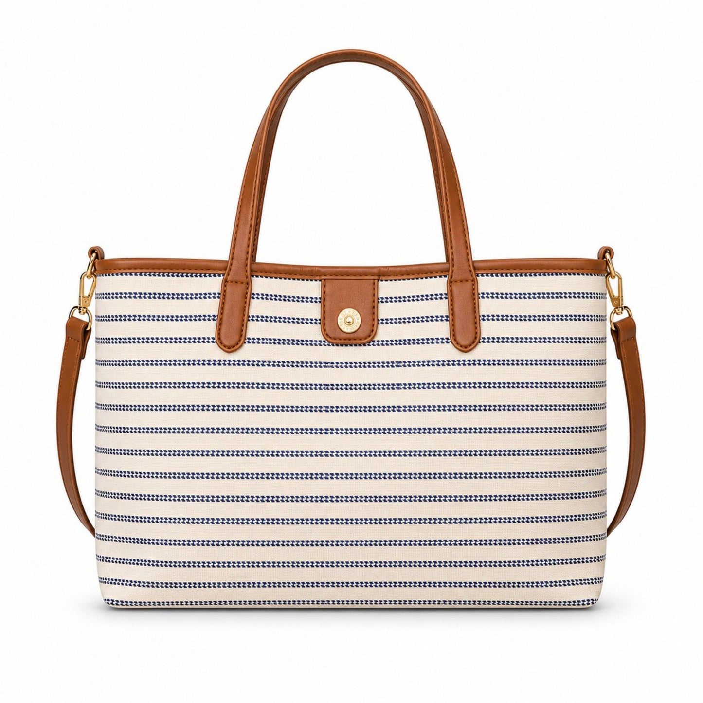 Striped Canvas Tote Bag with Faux Leather Trim and Large Capacity