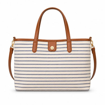 Striped Canvas Tote Bag with Faux Leather Trim and Large Capacity
