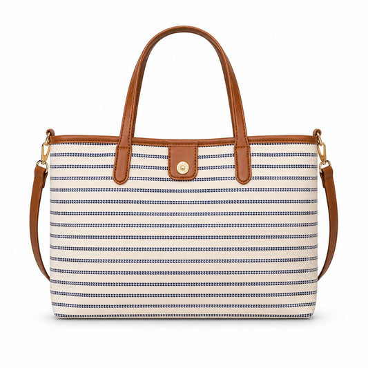 Striped Canvas Tote Bag with Faux Leather Trim and Large Capacity