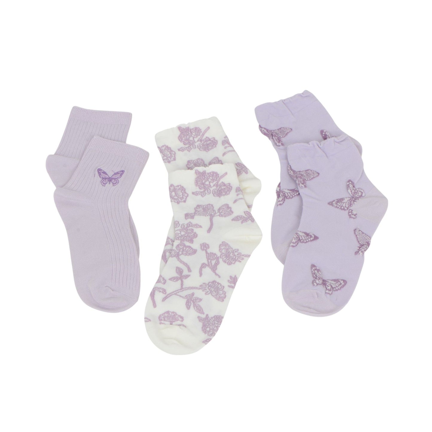 Renaissance Women 3-Pair Ankle Socks Set Assorted Patterns Featuring Colorblock, Cartoon Characters, and Butterfly Prints