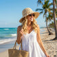 Crochet Wide Brim Sun Hat with Scalloped Edge Floral Accent and Chin Strap