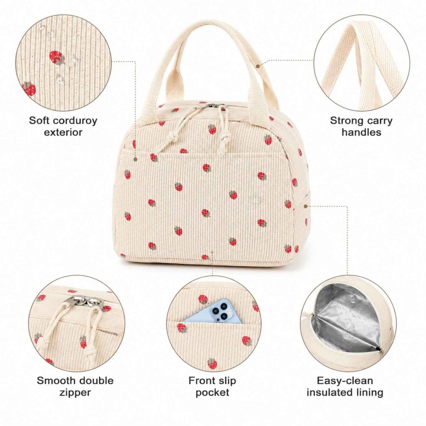 Strawberry Print Corduroy Insulated Lunch Bag with Handles and Zip Closure
