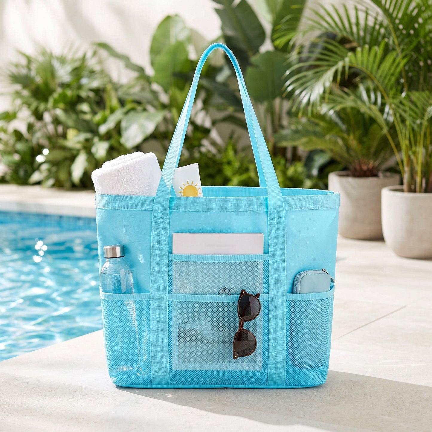 Large Mesh Beach Tote Bag with Exterior Pockets and Shoulder Handles