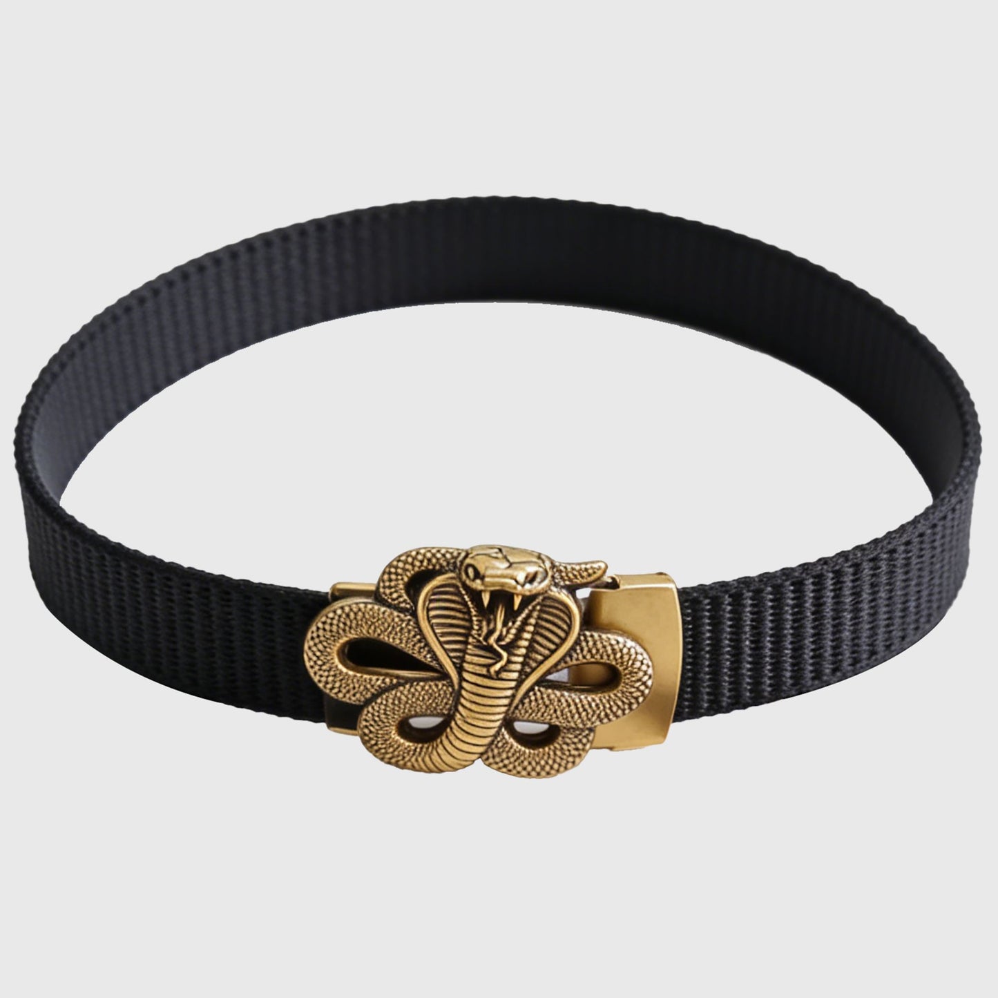 Nylon Belt with Gold Cobra Buckle - Bold Statement Buckle Belt for Edgy Casual & Stylish Outfits