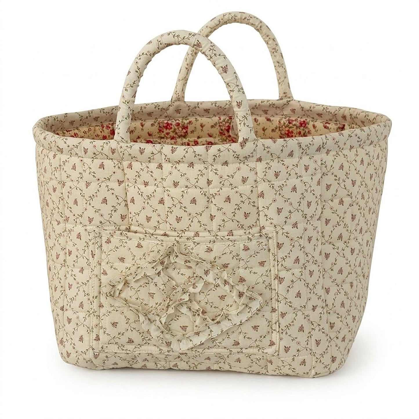 Floral Quilted Storage Basket with Handles and Tissue Pocket