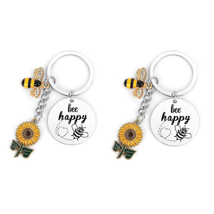 2 Pack Bee Happy Sunflower Keychain with Bee Charm Round Tag and Key Ring Bag Accessory