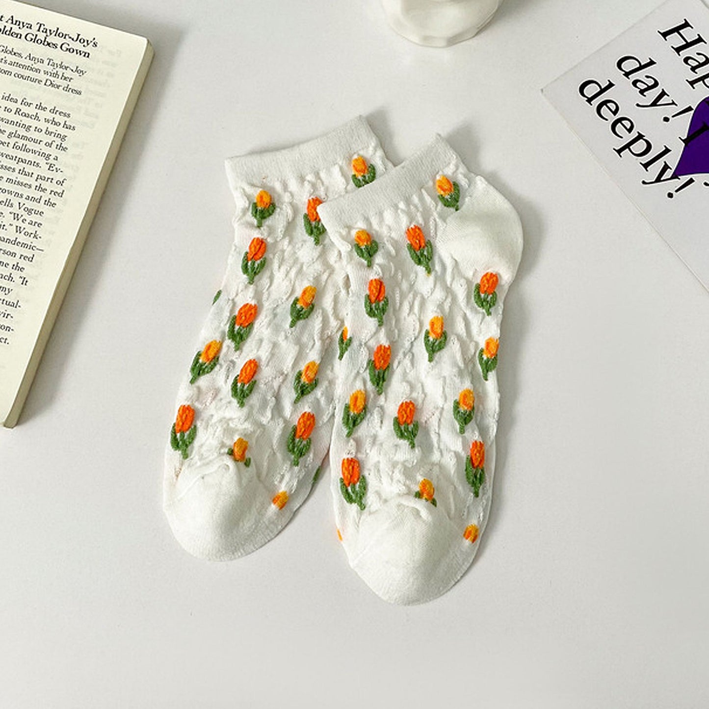 Adorable Summer Floral Embroidered Ankle Socks 4Pk