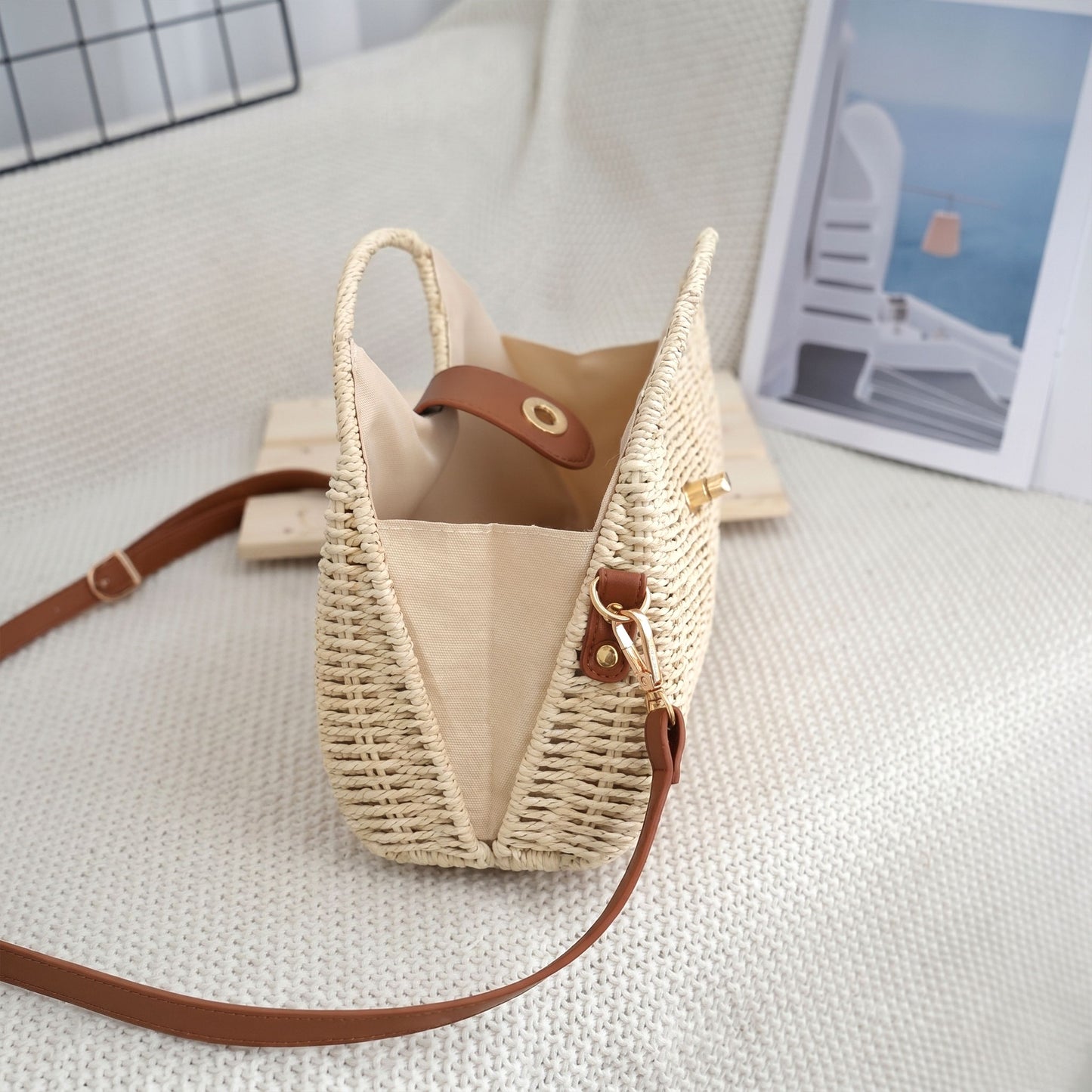 Woven Straw Crossbody Bag with Top Handle Adjustable Strap Crochet Handbag