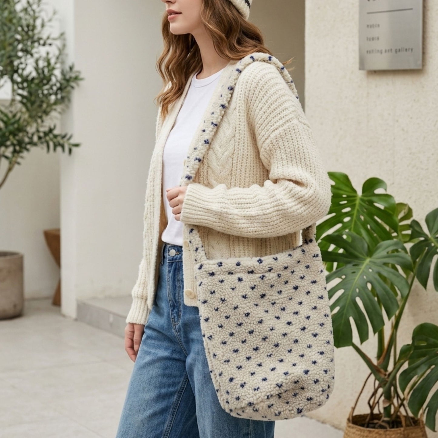 Fuzzy Shoulder Bag Soft Textured Tote Purse with Magnetic Closure